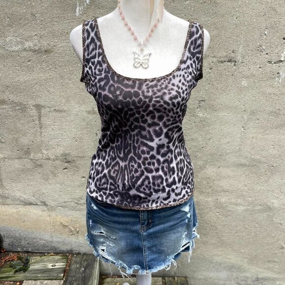 Georges Rech Grey Leopard Print Mesh Tank Top - Picture 1 of 7
